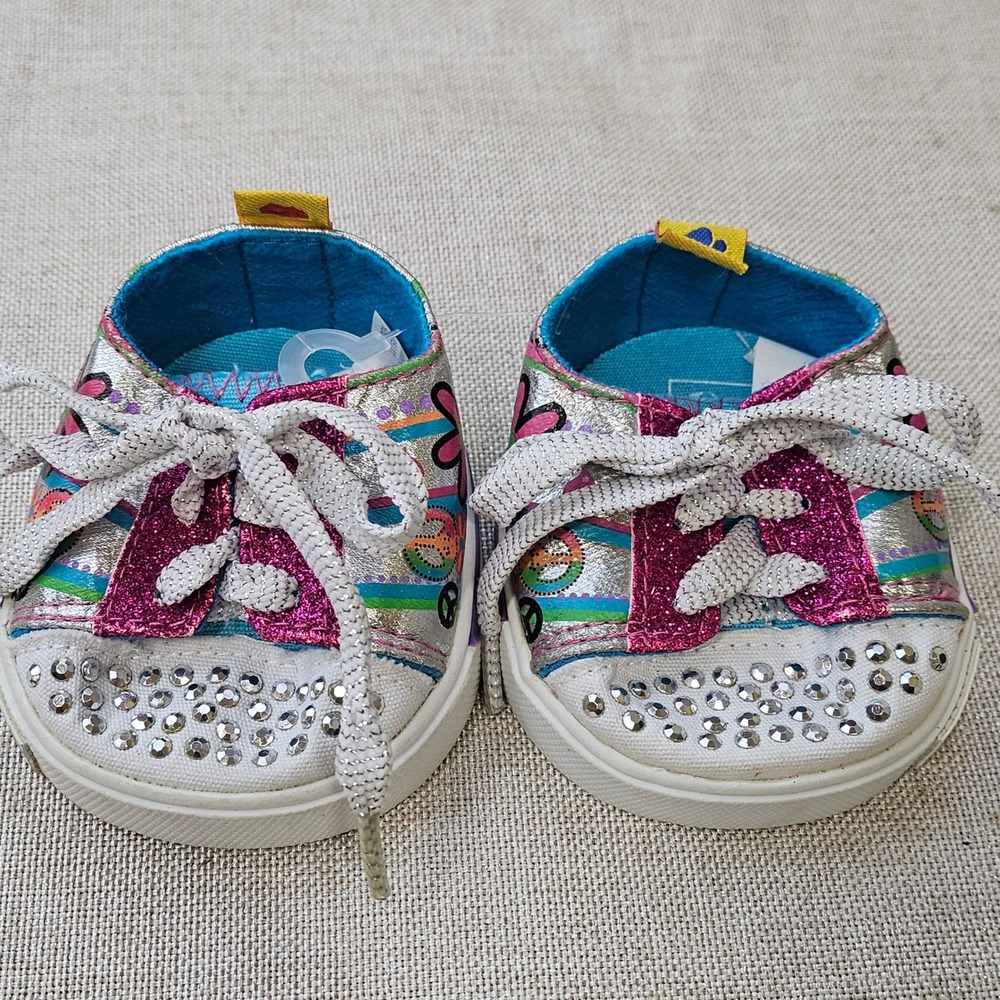 Build-A-Bear Skechers Doll Shoes OS Silver Pink Peace Love Twinkle Toes Sneakers